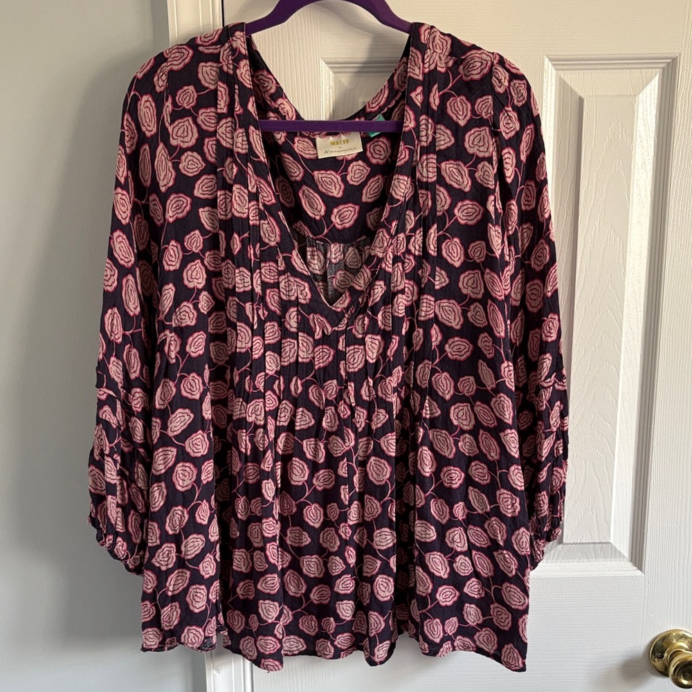 Anthropologie Maeve Pink Rose Print V-Neck Peasant Blouse